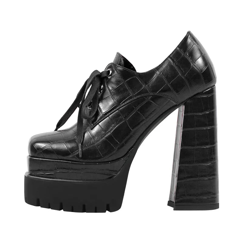 Women Pumps Double Platform Leather Patterned Lace Up Punk Shoes