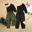 Autumn Children Girls Clothing Sets Solid One-Shoulder Long Sleeve Tops+Elastic Waist Pants 2pcs Casual Outfits