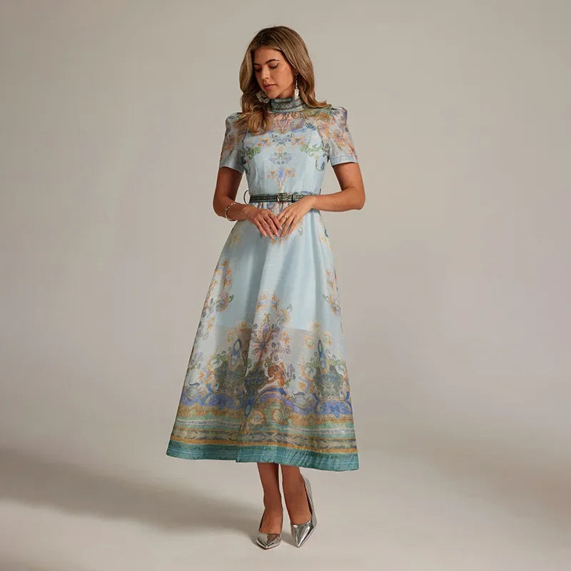 Retro Court Paisley Dress Women Short Sleeve Floral Long Dress Elegant Classy