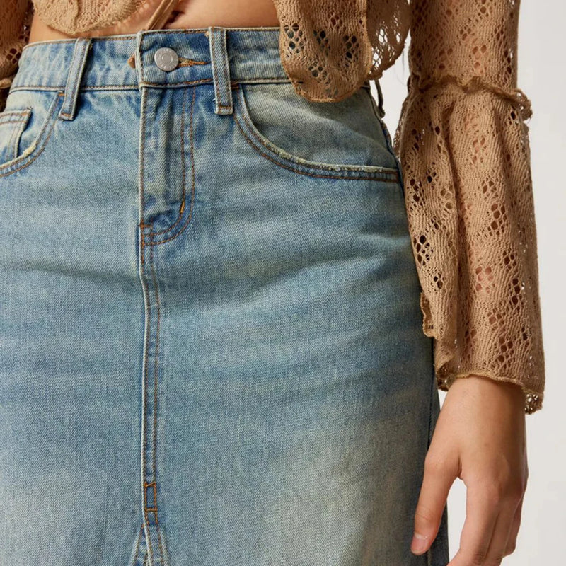 Denim Skirts Casual Plain High Waist Slit Midi Skirts for Women