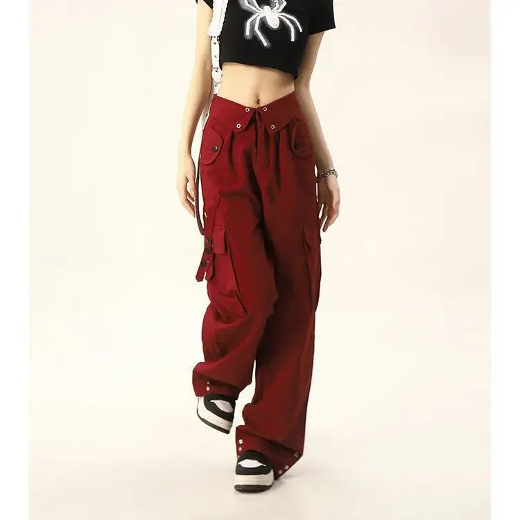 Casual Wide-Leg Long Pants Red Turned-Edge Cargo Pants For Men And Women