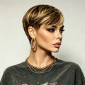 Pixie Cut Real Human Hair Wig Brown Blonde Highlight Soft Comfort Short Wig