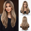 Light Brown Wig with Bangs Long Body Wavy Wigs for Women Heat Resistant Fiber Fake Hair Daily