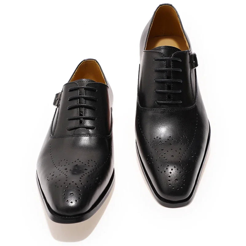 Men Leather Buckle Strap Brogue Oxfords - Black Lace-Up Formal Shoes