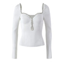 Unique Heart Stones Collar Long Sleeve Street Women Knitted Slim Sweater Tops