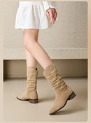 Women Mid Calf Boots Autumn Winter Leather Pleated Slip On Thick Heel Boots