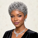 Silver Gray Short Pixie Cut Wigs Human Hair witn Bangs for Women Cap Short Curly Wigs for Daily Wear