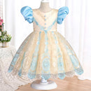 Girls Bubble Sleeves Princess Dress Elegant Girls' Piano Performance Lace Short Dress Embroidered Petal Wedding Party Dress