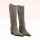 Pair of gray knee-high boots on a white background, Obroi