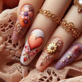 Decorative nail art with flowers and hearts on a lace background, Obroi