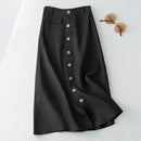 Women Elegant Cotton Skirts Autumn High Waist Casual Button A-line Midi Skirts