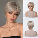 A short layered wig with a silver ash blonde color, shown on a model from the front and back, alongside a studio shot of the wig on a mannequin head against a white background, Obroi