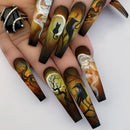 Nails with Halloween-themed design featuring crows and trees on a white background, Obroi