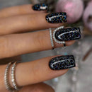 Black Glitter Full Cover Fake Nails Mid-length Square False Nails Wearable Ballet Press on Nails