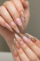 24Pcs Orange Smudge French False Nails Art Flower Rhinestone Press on Nails Long Stiletto Reusable