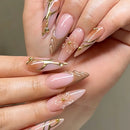 24Pcs Orange Smudge French False Nails Art Flower Rhinestone Press on Nails Long Stiletto Reusable