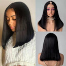 Three-panel collage showing a straight black wig with a center part. The left panel shows a woman wearing the wig, while the top-right and bottom-right panels show mannequin heads from the front and back against a plain light gray background, Obroi