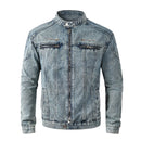 Men Jacket Retro Stand Collar Denim Jacket Men Bomber Coat Zipper Fly