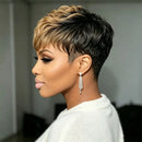 Pixie Cut Human Hair Wig Black Honey Blonde Ombre 6 Inch Curly Layer Short Wig