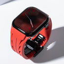 Red smartwatch with a black strap on a white background, Obroi