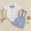 Baby Boy Gentleman Outfit Solid Color Short Sleeve Lapel Neck Romper with Stripe Suspender Shorts and Bowtie