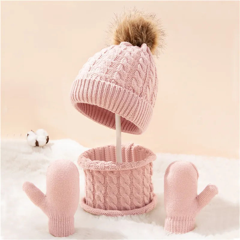 Baby Hats Scarves Gloves Set Toddler Boys Girls Bobbles Cap Autumn Winter Warm Twist Knitted Hat Neckerchief Gloves Suit