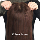 Dark brown hair extension held up by hands on a white background with '