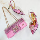 Elegant Women's Peep-Toe Heels and Matching Brown Color Rhinestones Pumps Set Stylish Italian Shoes and Bags for Parties 510-24