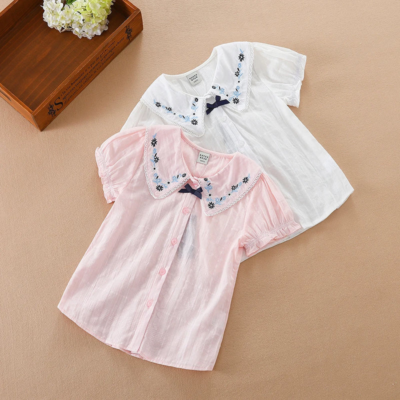 Girls Blouse Shirts Summer Short Sleeve Cotton Lovely Lace Causal White Tops Childrens Clothes