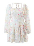 Autumn Long Sleeve Mini Dress Woman Slim Chic Floral Print Square Neck Ruffle Tie Short Fairy Dress Female
