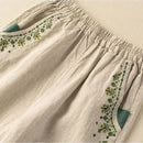 Beige Embroidery Linen Casual Elastic Loose Wide Leg Women's Pants