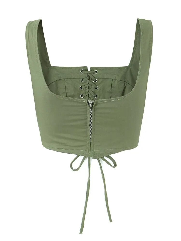 Summer Women Cargo Camis Sleeveless Backless Female Crop Tanks Top Green Bustier
