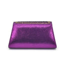 A metallic purple clutch bag with a beaded top border, photographed on a clean white background, Obroi
