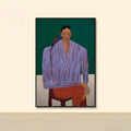 Framed painting of a person wearing a striped shirt on a beige wall, Obroi