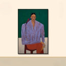 Framed painting of a person wearing a striped shirt on a beige wall, Obroi