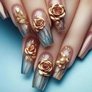 24pcs Blue Gradient Press on Nails Finished Golden Flower Coffin False Nail Tips Long Ballet Fake Nail with Pearl