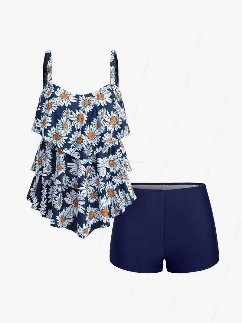 Rosegal Women Flower Layered Boyshorts Tankini Swimsuit