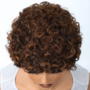 Curly brown wig on a mannequin head against a white background, Obroi