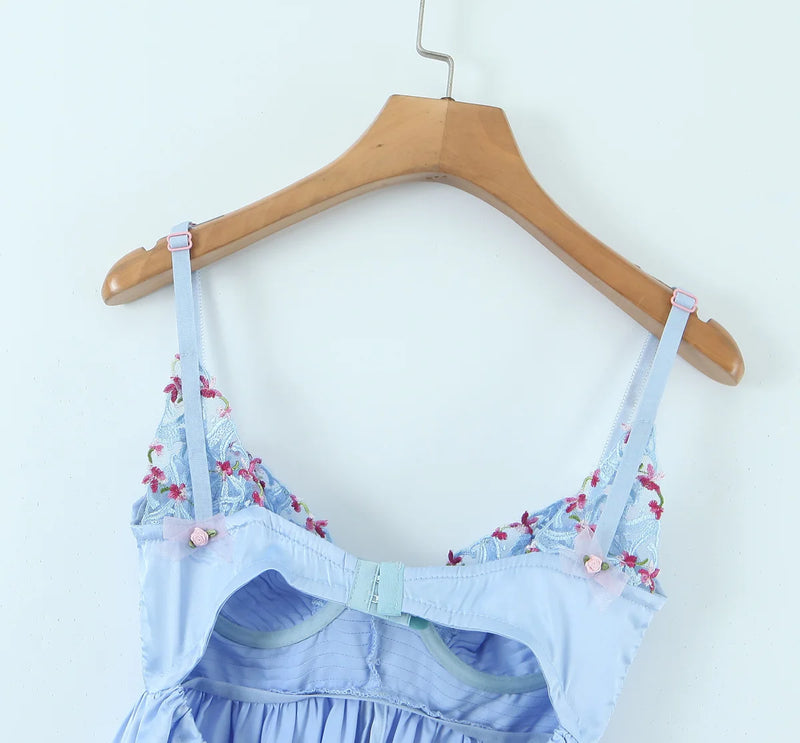 Women Lace Spliced Floral Blue Sling Mini Dress Backless Sleeveless Ladies