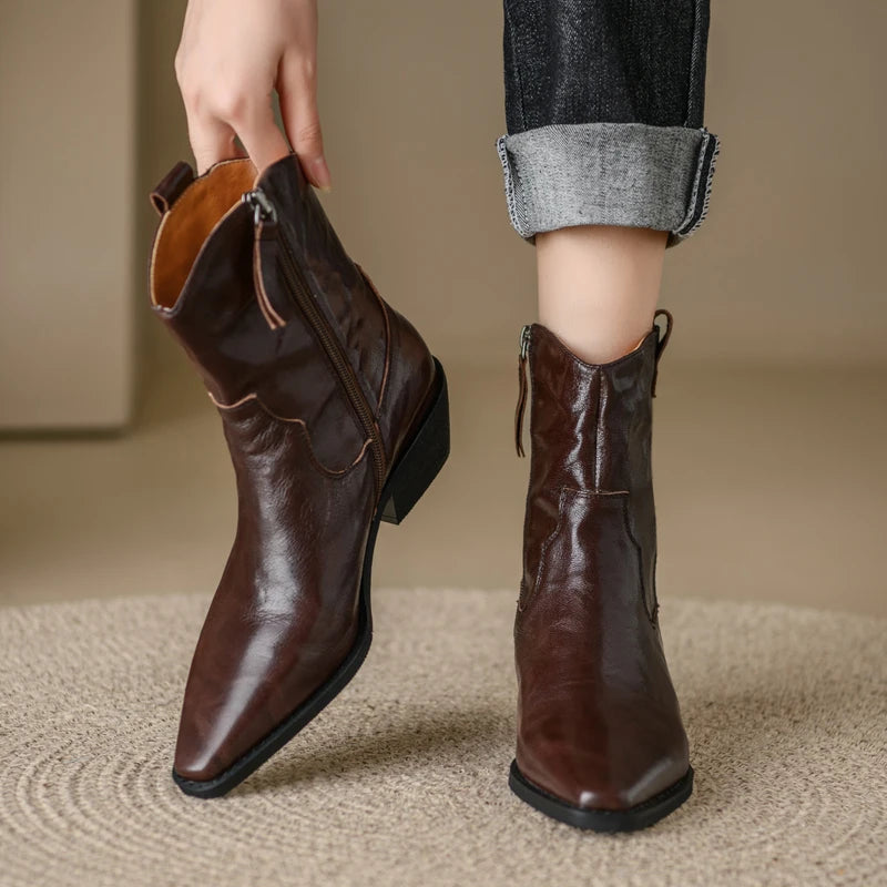 Retro Ankle Boots For Women Leather Winter Shoes Low Heels Short Motorcycle Boot Female