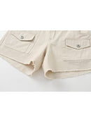 Women Beige High Waist Multi Pocket Tassel Short Denim Pants Summer Ladies Casual Female Knitted Shorts