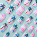 24Pcs Holiday Style Square Fake Nail Gradient with Coconut Tree Pattern Press on False Nail