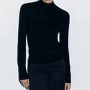 Spring Women Button Black Knitted Sweater Long Sleeves Mock Neck Female Chic Lady Tops