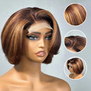A short brown wig with warm blonde highlights is displayed on a mannequin head against a light gray background, with three circular inset close-ups showing the hair texture, part detail, and side view, Obroi