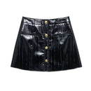 Spring Chic Women Leather Skirt Button Pockets Cover Bag Embossed Mini Skirt