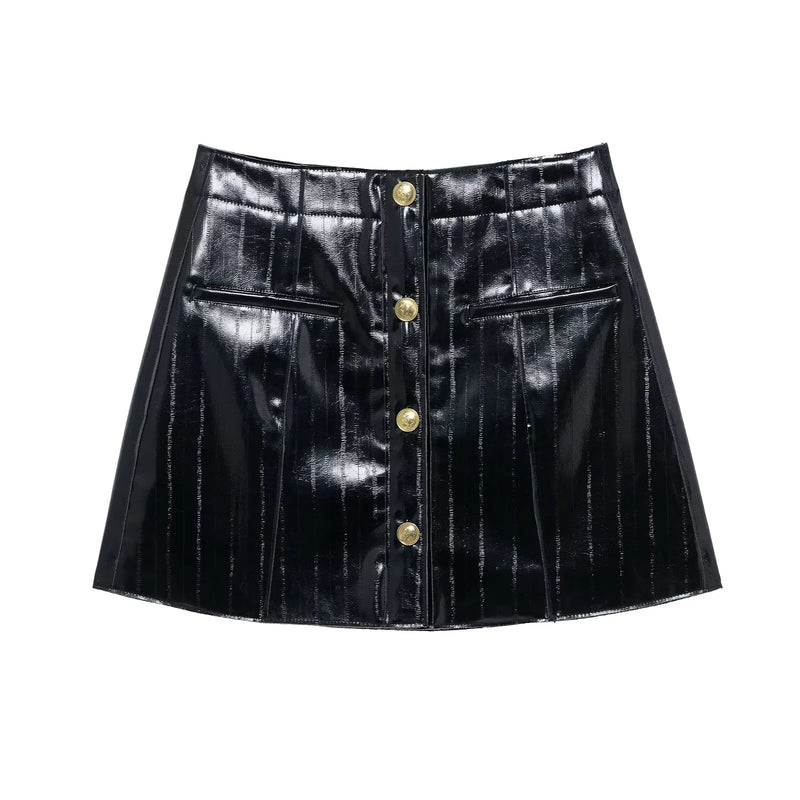 Spring Chic Women Leather Skirt Button Pockets Cover Bag Embossed Mini Skirt