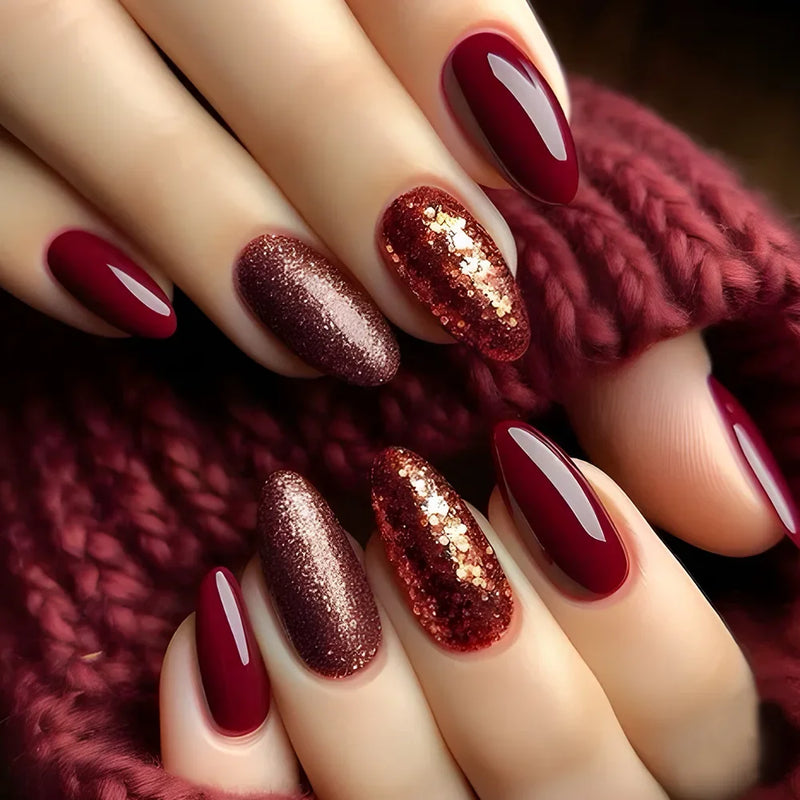 Red Almond Nail Set Press on Nails Gradient Full Cover Shiny Glitter Nails Art for Spice Girls