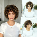 Woman with curly hair and mannequin heads with wigs on a white background, Obroi