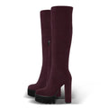 Pair of maroon knee-high boots with chunky platform heels on a white background, Obroi