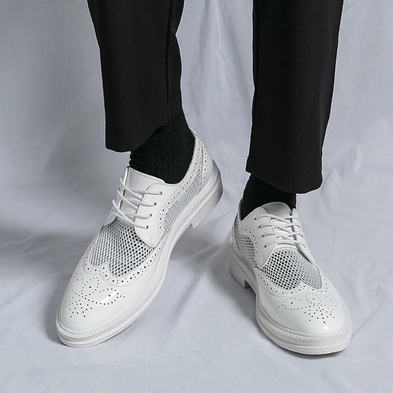 Men Oxfords Shoes Genuine Leather Shoes Patent Leather Formal Breathable Dress Shoes Hollow Mesh Out Flats